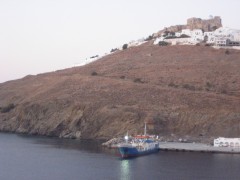 Chrissanthi anchored In Astypalea Old Port, early  morning 9 8 11